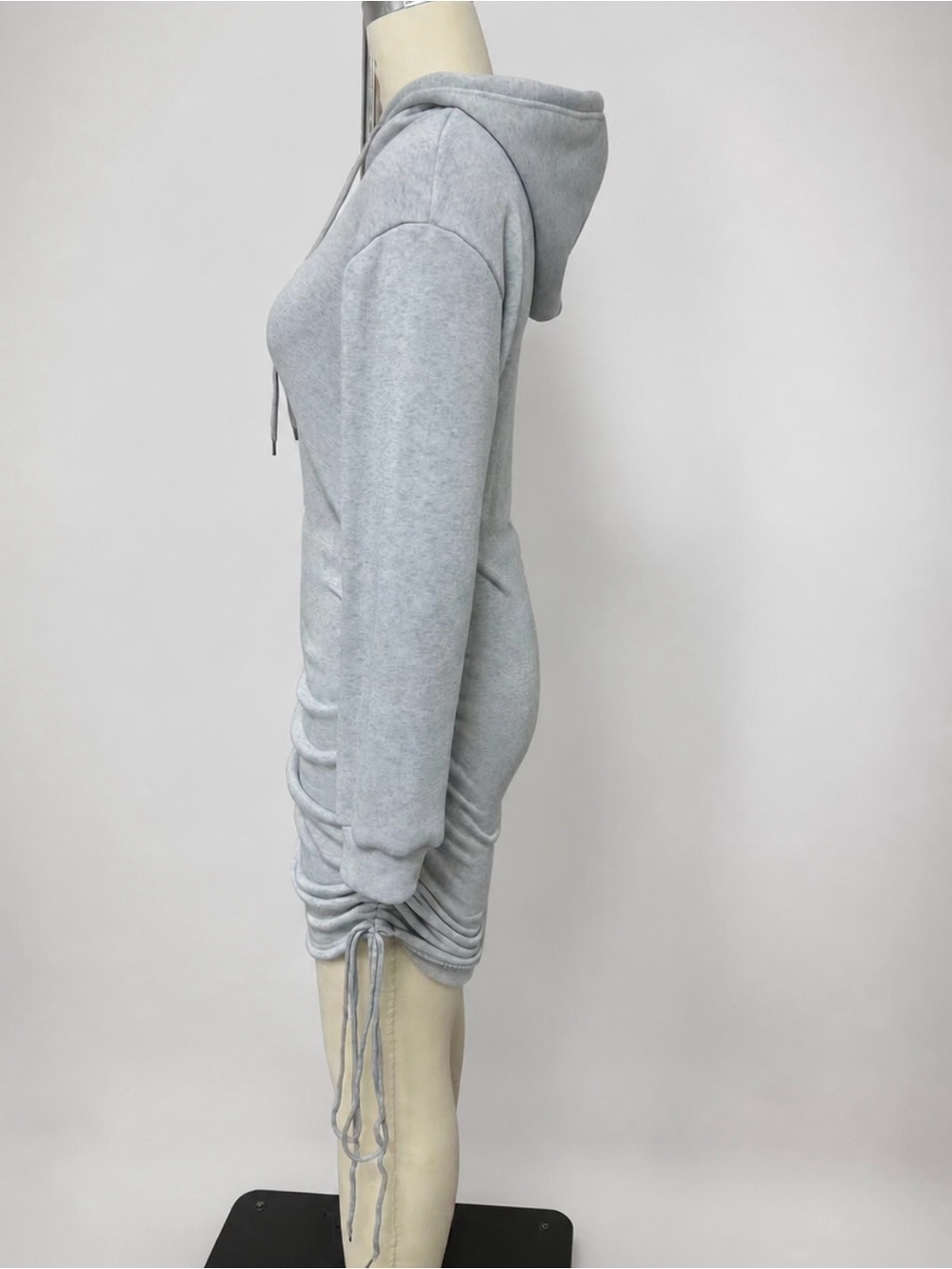 2396 -Casual Drawstring Ruched Hooded Bodycon Mini Sweatshirt Dress - Picture 6 of 16